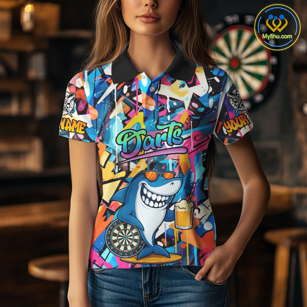 Funny Shark Colorful Graffiti Style Custom Dart Shirts For Women, Dart Team Jersey Best Darts Outfit TDM3849