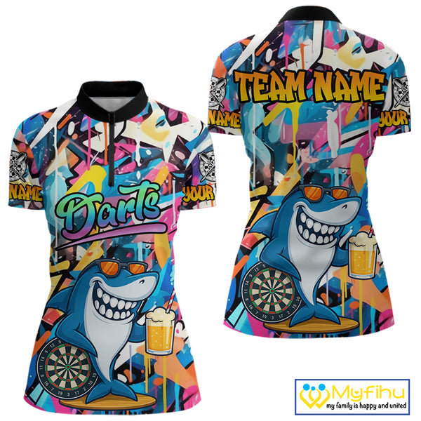 Funny Shark Colorful Graffiti Style Custom Dart Shirts For Women, Dart Team Jersey Best Darts Outfit TDM3849