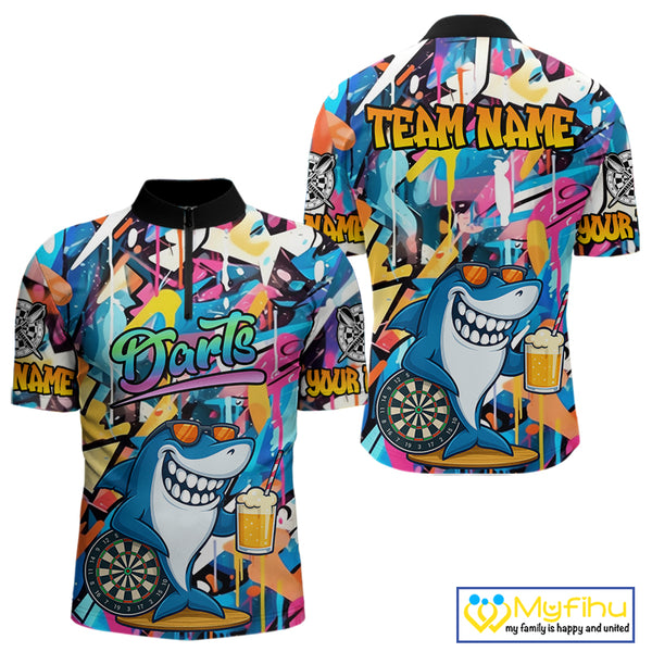 Funny Shark Colorful Graffiti Style Custom Dart Shirts For Men, Dart Team Jersey Best Darts Outfit TDM3849