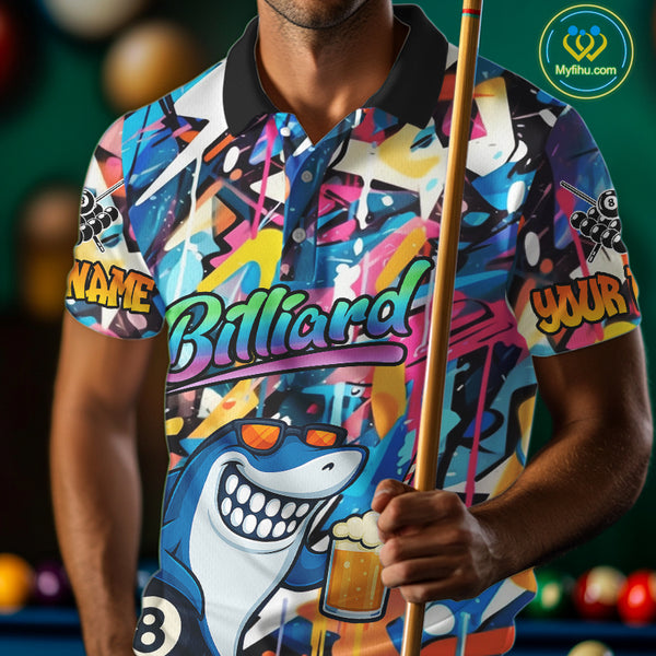 Funny Shark Colorful Graffiti Style Custom 8 Ball Billiard Shirt For Men Best Billiard Team Jersey TDM3850