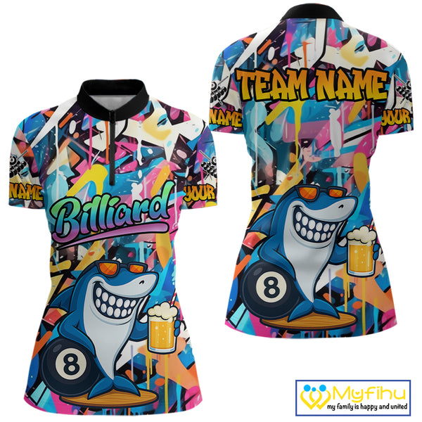 Funny Shark Colorful Graffiti Style Custom 8 Ball Billiard Shirt For Women Best Billiard Team Jersey TDM3850
