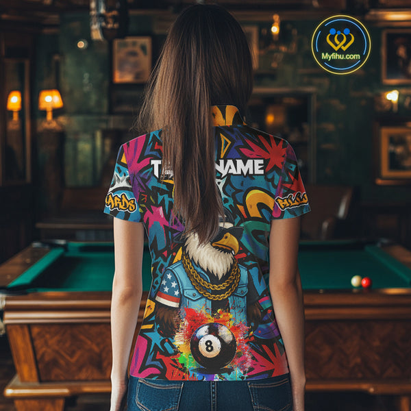 Funny Eagle Colorful Graffiti 8 Ball Billiard Shirt For Women Custom Billiard Jersey Pool Team Shirts TDM3854