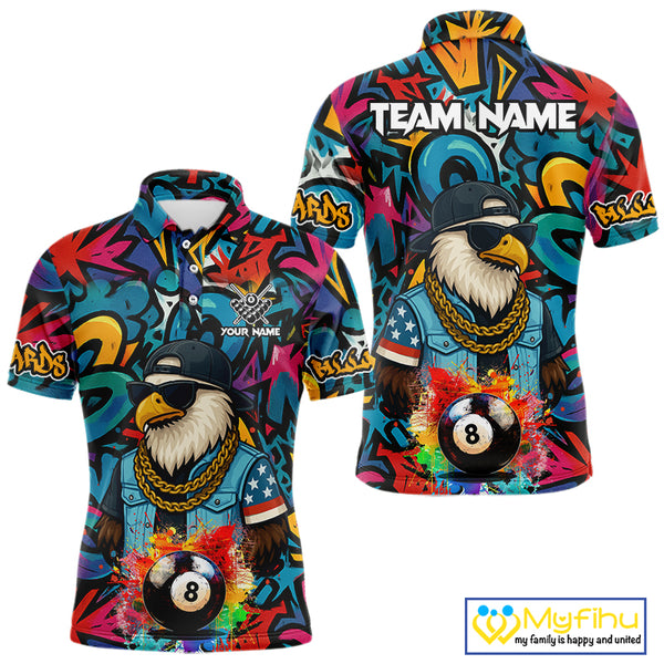 Funny Eagle Colorful Graffiti 8 Ball Billiard Shirt For Men Custom Billiard Jersey Pool Team Shirts TDM3854