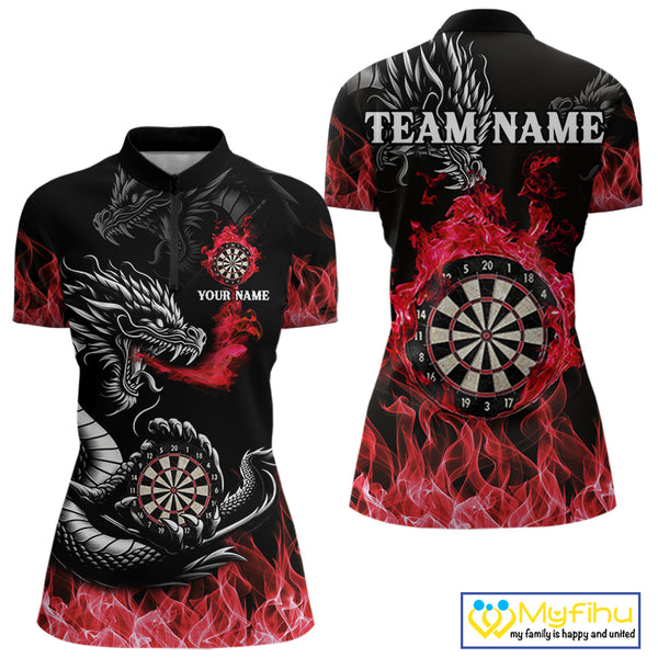 Personalized Red Flaming Dragon Dart Shirts For Women Custom Darts Team Jerseys Polo & Quarter Zip TDM4310