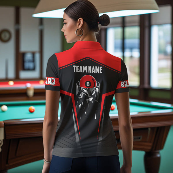 Black And Red 8 Ball Pool Billiard Jerseys For Women Custom Polo & Quarter Zip Billiard Team Shirts TDM3387