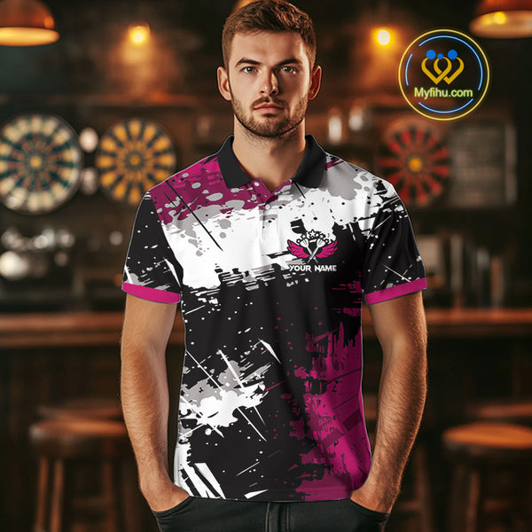 Pink Grunge Paint Splash Dart Polo & Quarter Zip Custom Dart Shirts For Men Darts Team Jerseys TDM3859
