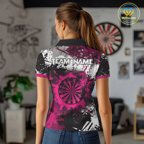 Pink Grunge Paint Splash Dart Polo & Quarter Zip Custom Dart Shirts For Women Darts Team Jerseys TDM3859