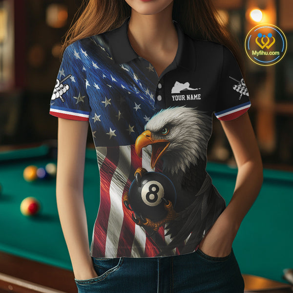 American Flag Eagle 8 Ball Womens Billiard Polo & 1/4 Zip Custom Patriotic Team Billiard Pool Jersey TDM3866