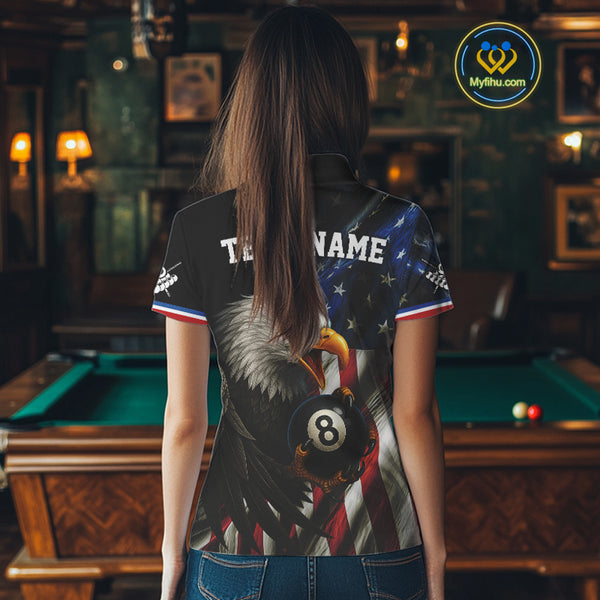 American Flag Eagle 8 Ball Womens Billiard Polo & 1/4 Zip Custom Patriotic Team Billiard Pool Jersey TDM3866