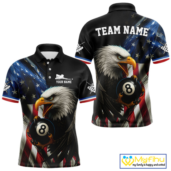 American Flag Eagle 8 Ball Mens Billiard Polo & 1/4 Zip Custom Patriotic Team Billiard Pool Jersey TDM3866