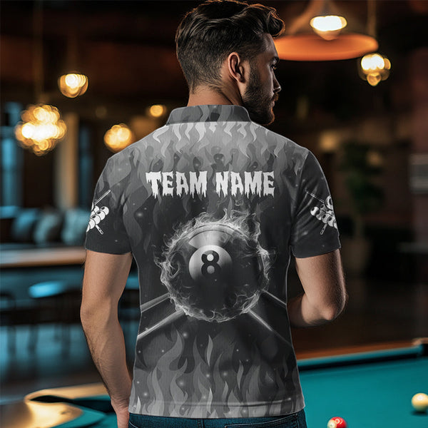 Personalized Grey 3D 8 Ball Pool Fire Billiard Shirts For Men Custom Billiard Apparel Jerseys TDM3531