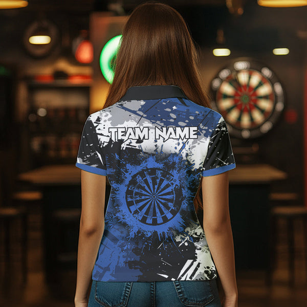 Custom Blue Grunge Darts Shirt With Pocket Option For Women, Dart Team Jersey TDM3538