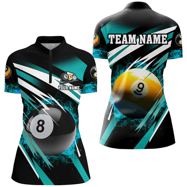 Billiard 8 Ball & 9 Ball Fire Women Polo & Quarter-Zip Shirt Custom Billiard Jersey Attire |Turquoise TDM1598