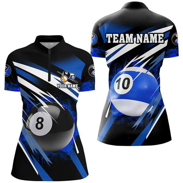Billiard 8 Ball & 10 Ball Fire Women Polo & Quarter-Zip Shirt Custom Billiard Jersey Attire |Blue TDM1599