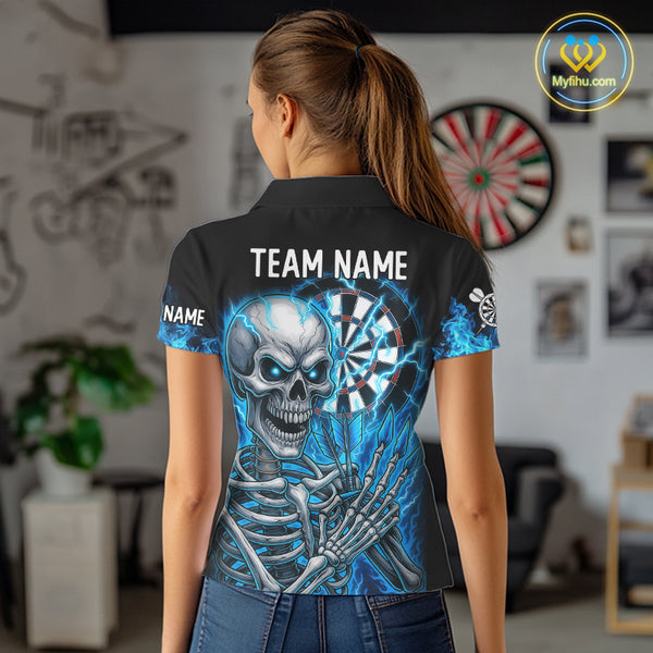 Blue Flaming Lightning Skeleton Darts Shirt For Women Custom Darts Jersey Team Polo & Quarter Zip TDM4344