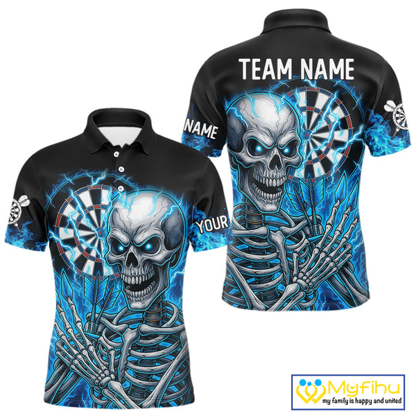 Blue Flaming Lightning Skeleton Darts Shirt For Men Custom Darts Jersey Team Polo & Quarter Zip TDM4344