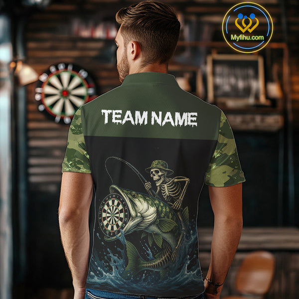 Funny Green Camo Skeleton Fishing Dart Shirt For Men With Pocket Option TDM3969