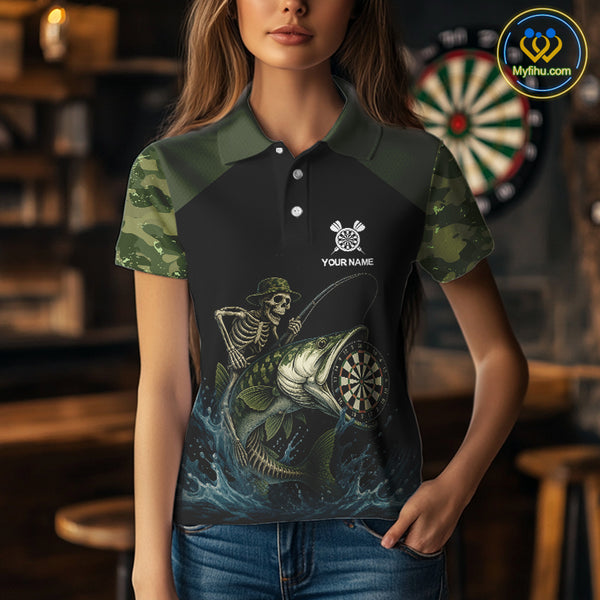 Funny Green Camo Skeleton Fishing Dart Shirt For Women With Pocket Option TDM3969