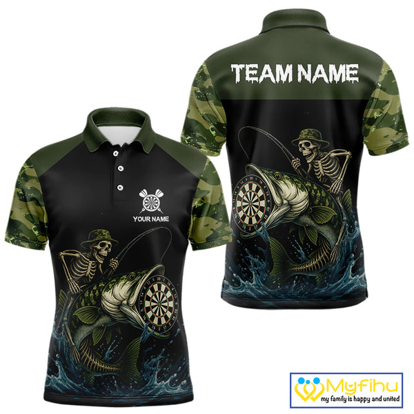 Funny Green Camo Skeleton Fishing Dart Shirt For Men With Pocket Option TDM3969