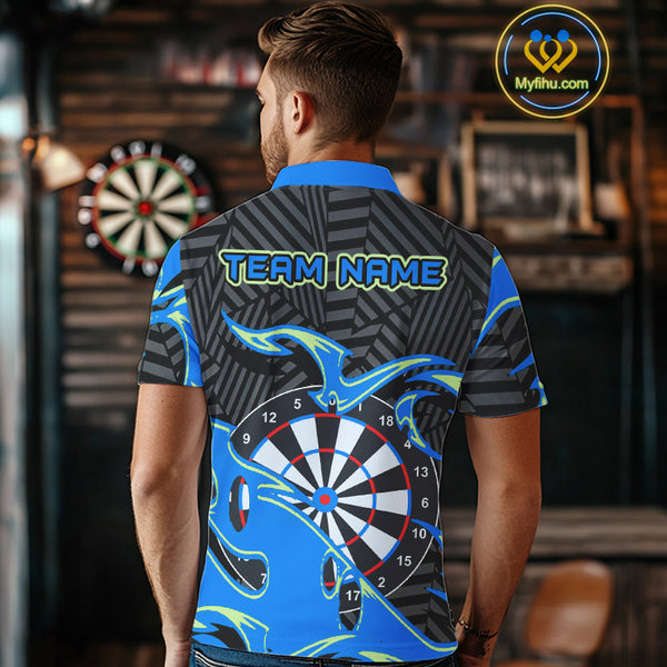 Custom Black And Blue Tribal Flame Dart Shirts For Men, Darts Team Jerseys Polo & Quarter Zip TDM3970