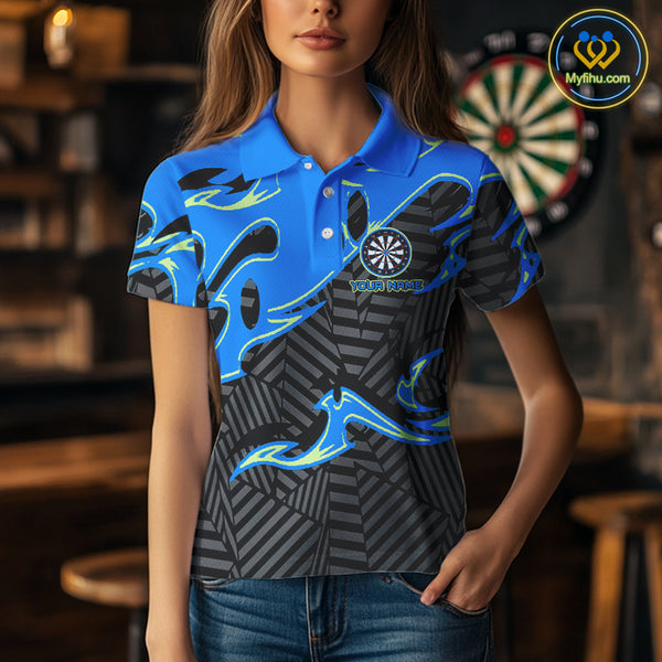 Custom Black And Blue Tribal Flame Dart Shirts For Women, Darts Team Jerseys Polo & Quarter Zip TDM3970