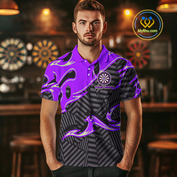 Custom Black And Purple Tribal Flame Dart Shirts For Men, Darts Team Jerseys Polo & Quarter Zip TDM3971