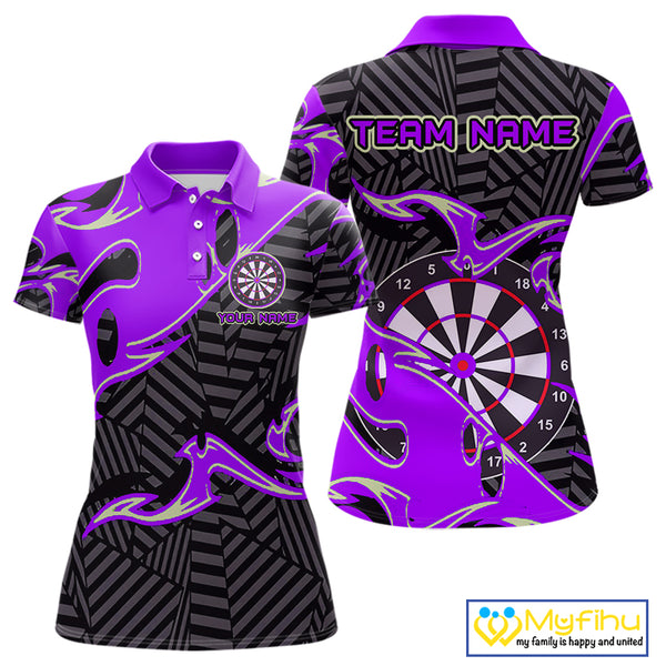 Custom Black And Purple Tribal Flame Dart Shirts For Women, Darts Team Jerseys Polo & Quarter Zip TDM3971