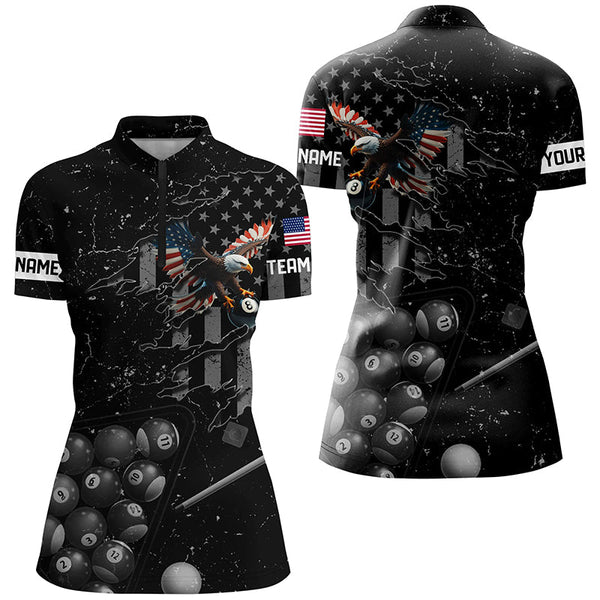 Customized Eagle Retro US Flag Black Billiard Shirts For Women, Best Patriotic Pool Player Shirts TDM2197