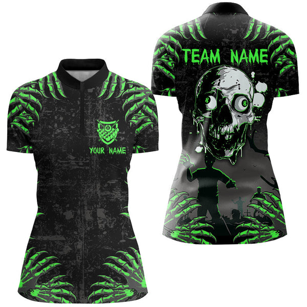 Funny Skull Claw Pattern Custom Women Billiard Shirts, Grunge Green Black Cool Billiard Jerseys TDM3203