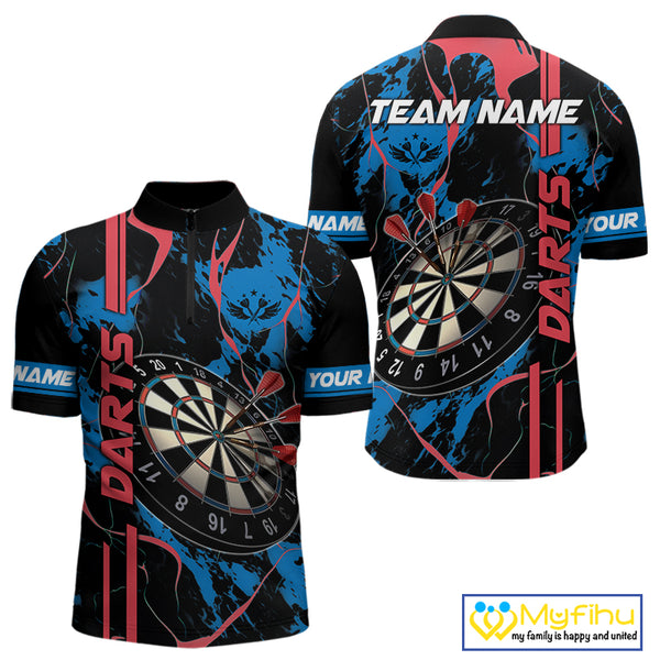 Custom Men's Dart Shirt - Grunge Blue And Red Dartboard Paint Splash Polo & Quarter Zip Jersey TDM3981