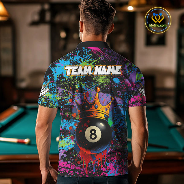 Funny 8 Ball Crown Colorful Paint Splash Custom Billiard Shirt For Men, Billiard Team Jerseys TDM3982