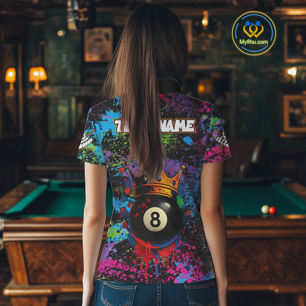 Funny 8 Ball Crown Colorful Paint Splash Custom Billiard Shirt For Women, Billiard Team Jerseys TDM3982
