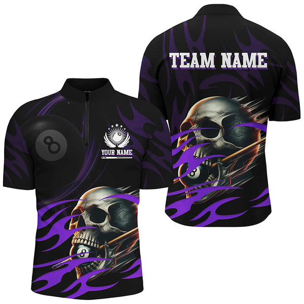 Funny Skull 8 Ball Pool Custom Men Billiard Polo & Quarter-Zip Shirt, Purple Billiard 8 Ball Jersey TDM2006