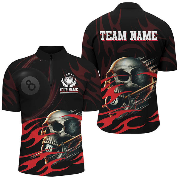 Funny Skull 8 Ball Pool Custom Men Billiard Polo & Quarter-Zip Shirts, Billiard 8 Ball Jerseys |Red TDM2007