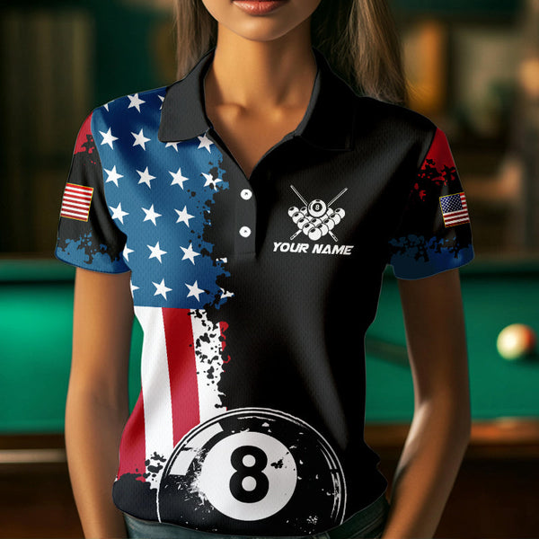 Personalized Grunge 8 Ball Pool American Flag Billiard Shirts For Women, US Flag Billiard Jerseys TDM3718