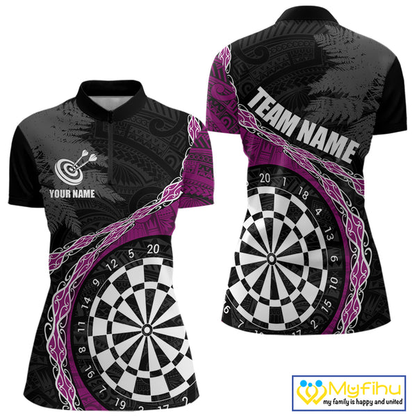Custom Black And Purple Tribal Darts Shirts For Women | Team Polo & Quarter Zip Darts Jerseys TDM3991