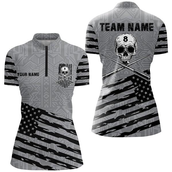 Personalized Grey US Flag Skull Billiard Shirts For Women Custom Patriotic Billiard Pool Jerseys TDM2220