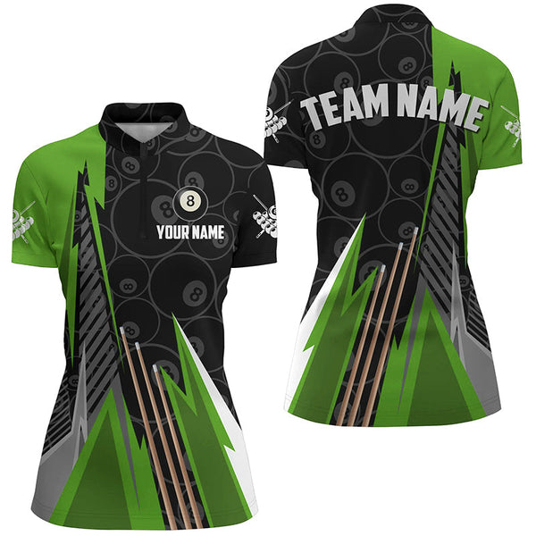 Personalized Black Green Billiard Pattern Women Polo & 1/4 Zip Shirts, Billiard Team Jersey Uniform TDM1615