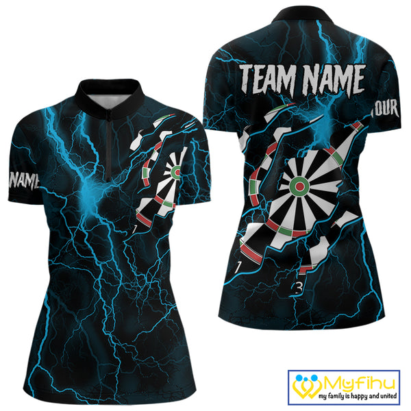 Personalized Blue Thunder Lightning Dart Shirt For Women Custom Darts League Jersey Polo & 1/4 Zip TDM4352