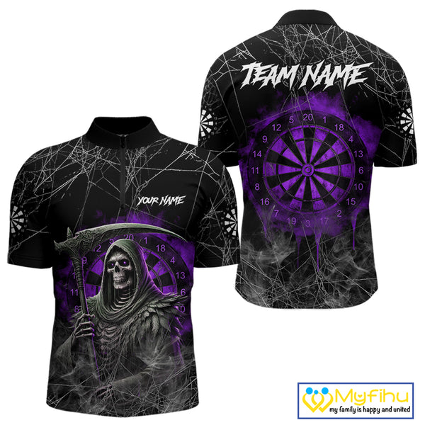 Black And Purple Smoke Grim Reaper Funny Dart Shirts For Men Custom Dart Jerseys, Darts Clothing TDM4006