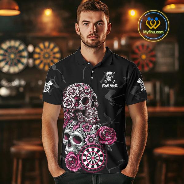 Personalized Pink Funny Skull Roses Darts Shirt For Men Custom Darts Team Jersey, Darts Outfit TDM4354
