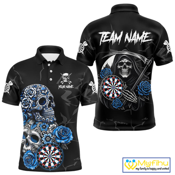Personalized Blue Funny Skull Roses Darts Shirt For Men Custom Darts Team Jersey, Darts Outfit TDM4355