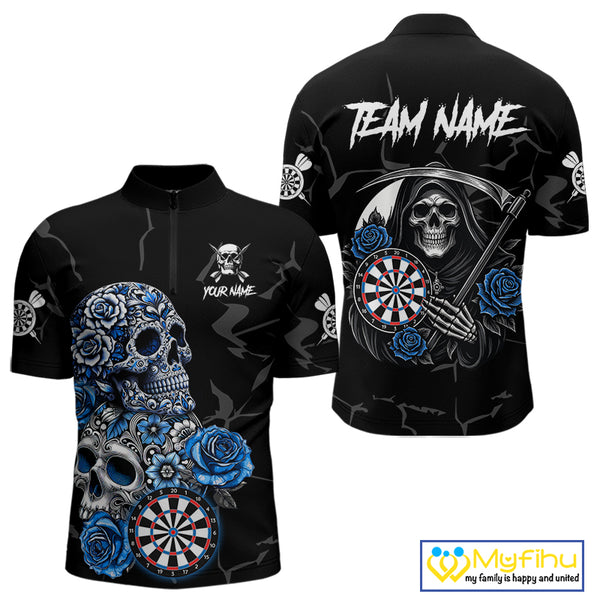 Personalized Blue Funny Skull Roses Darts Shirt For Men Custom Darts Team Jersey, Darts Outfit TDM4355