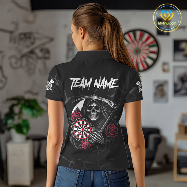 Personalized Red Funny Skull Roses Darts Shirt For Women Custom Darts Team Jersey, Darts Outfit TDM4356