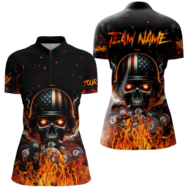 Funny Skull US Flag Billiard Shirts For Women Customized Billiard Balls Fire Sports Pool Jerseys TDM2239