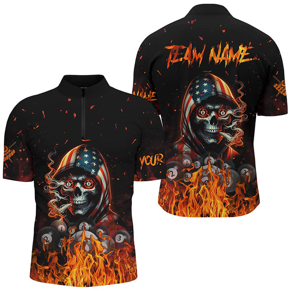 Funny Skull US Flag Fire Custom Billiard Shirts For Men, Patriotic Billiard Jerseys Apparel TDM2240