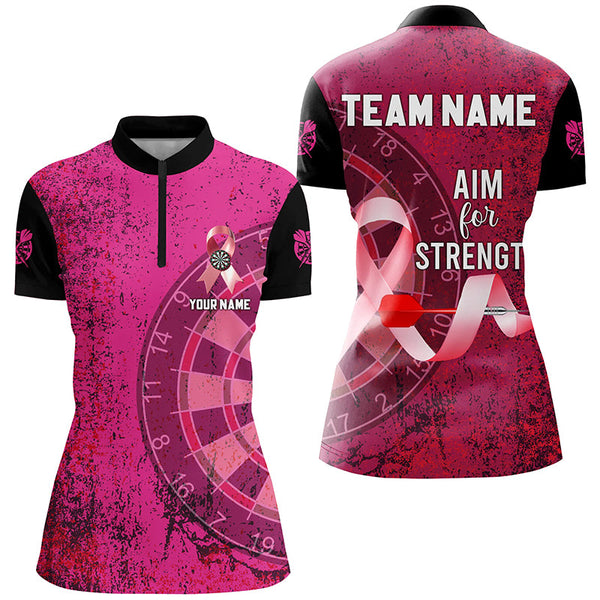 Pink Ribbon Aim For Strength Custom Darts Shirts For Women, Breast Cancer Pink Darts Team Jerseys TDM2508