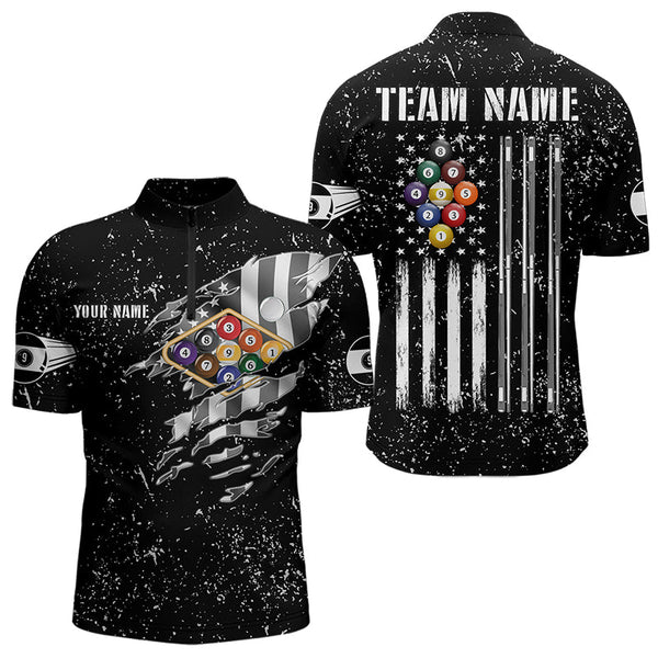 Personalized Black Grunge US Flag Billiard Balls Polo, 1/4 Zip For Men, 9 Ball Pool Billiard Jersey TDM3574