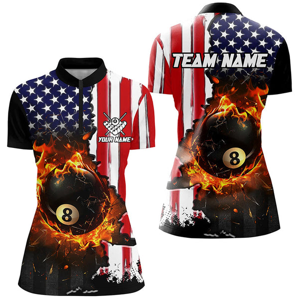 American Flag 8 Ball Pool Fire Break Glass Custom Women Billiard Shirts, Patriotic Billiard Jerseys TDM1829