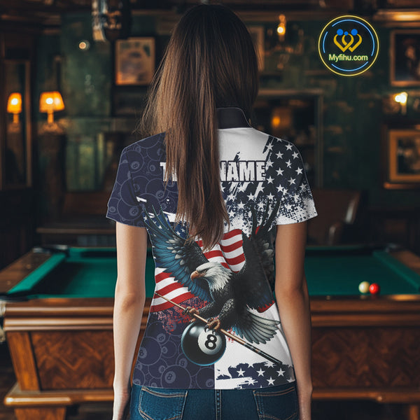 Personalized American Flag Eagle Women Billiard Shirt Custom Patriotic 8 Ball Pool Team Jersey |Navy TDM4369